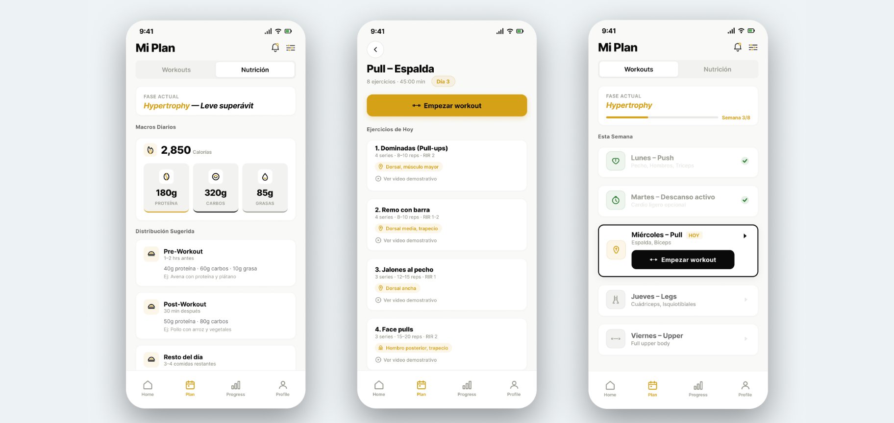 Three mid-fidelity wireframes — Mi Plan Nutrition, Pull Espalda workout detail, and weekly overview