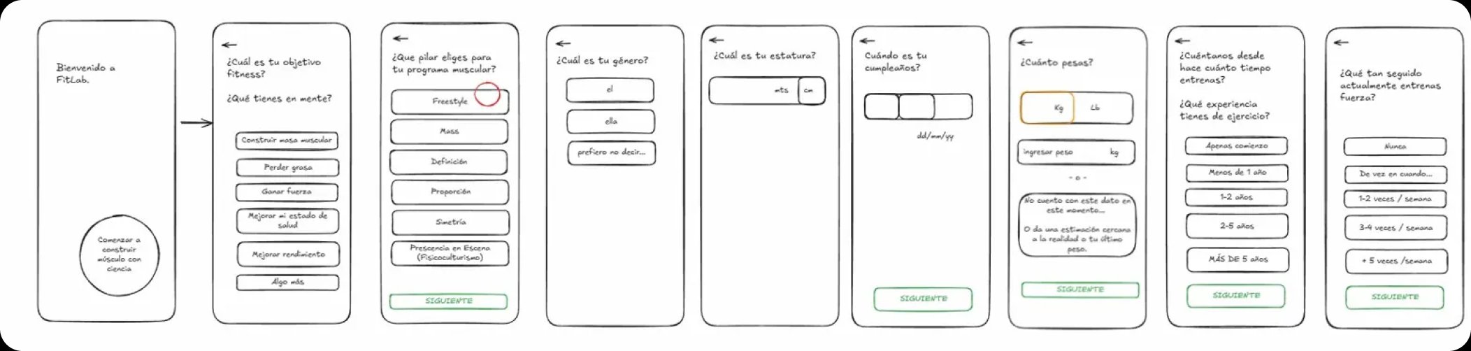 Raw wireframes — onboarding screens with goal and body measurement inputs