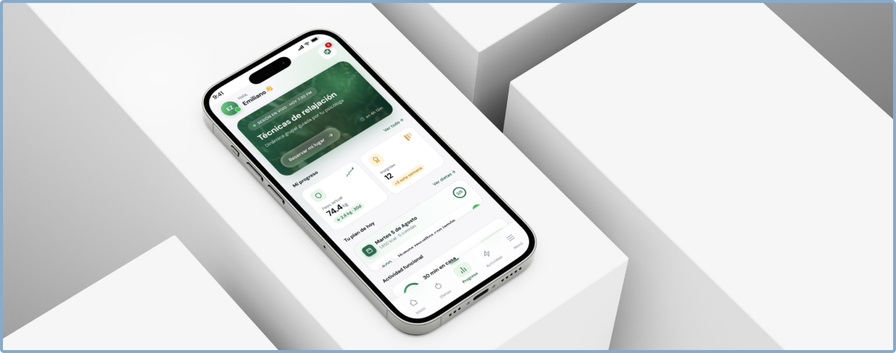 Mobile app — dashboard with session reminder and daily plan