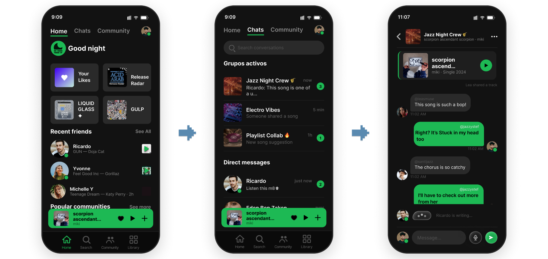 Flow 01 — Social Home: Home tab with recent friends · Chats with active groups and direct messages · Song-anchored chat in Jazz Night Crew