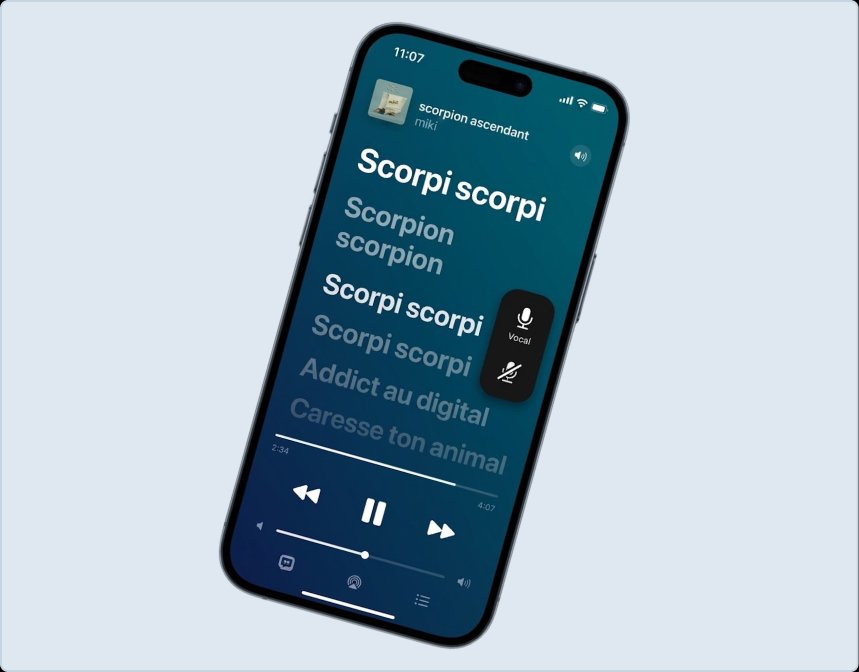 Karaoke mode with synced lyrics and vocal mute toggle